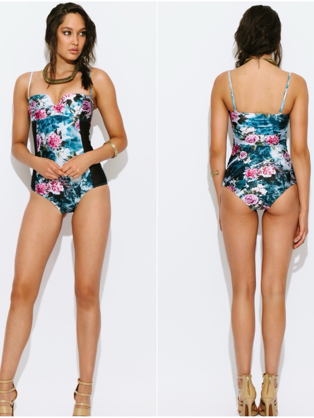 We Are Handsome Black Himalaya Floral V-Wire Sweetheart One Piece Swimsuit Large